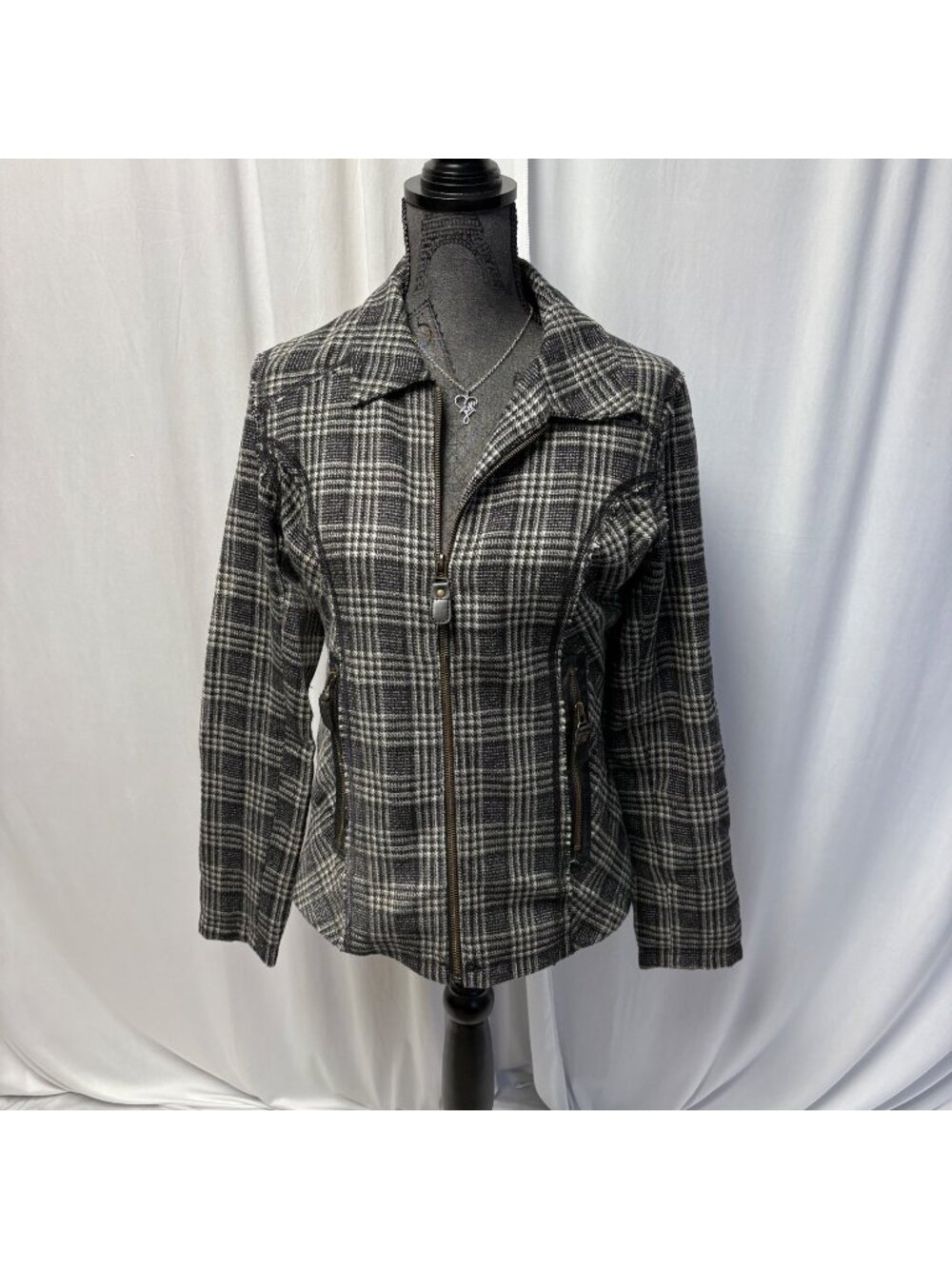 Ruff Hewn Womens Plaid Wool-Blend Jacket Size Small Black White Zip Front Lined